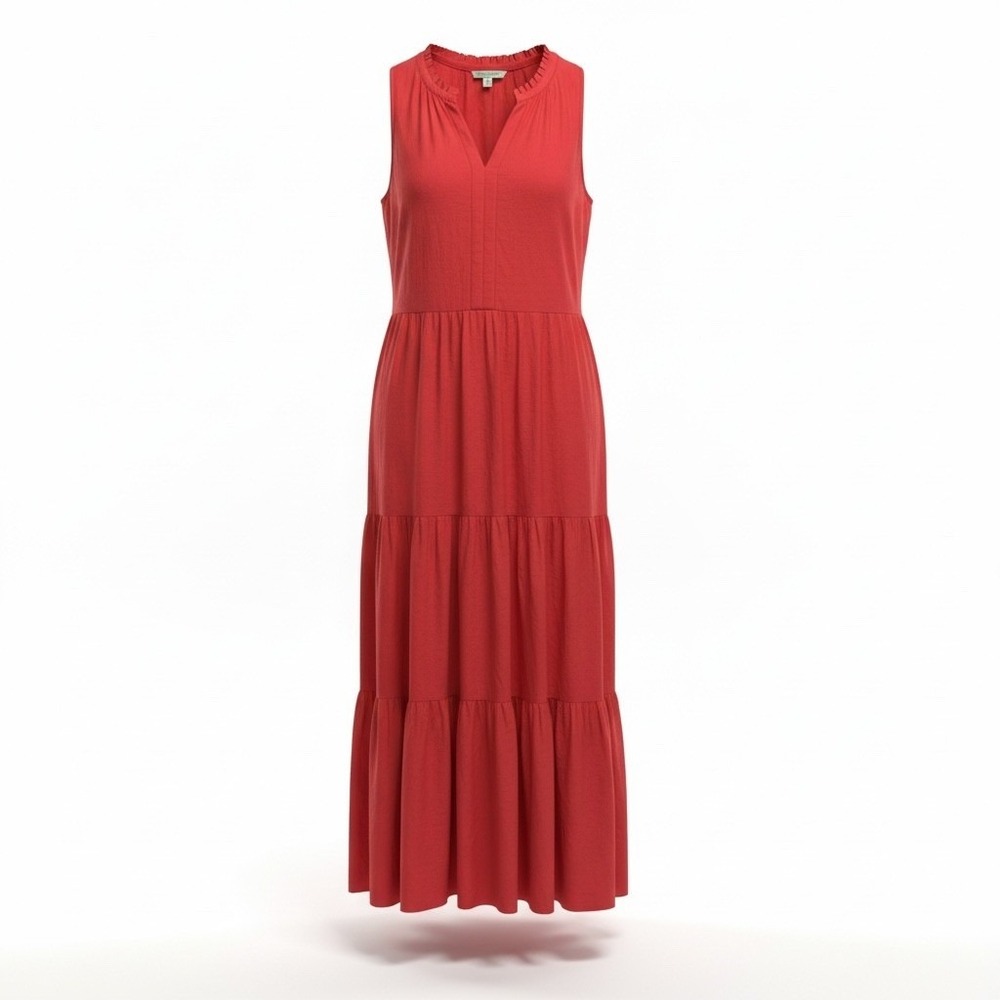 FARM Rio for Anthropologie Red Tiered V Neck linen blend Maxi Dress Size M/L‎
